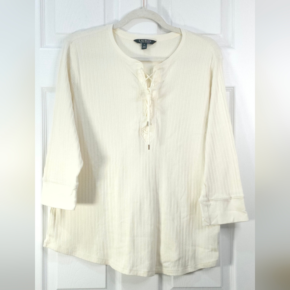 Lauren Ralph Lauren Ivory Ribbed Lace-Up Henley Top XL 100% Cotton - Picture 2 of 10